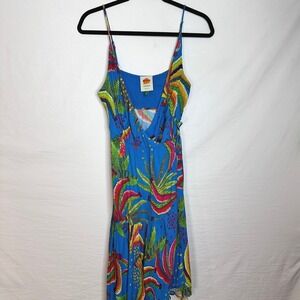 FARM RIO Blue Toucan Banana Wrap Midi Dress Tropical Beaded Tassel Small